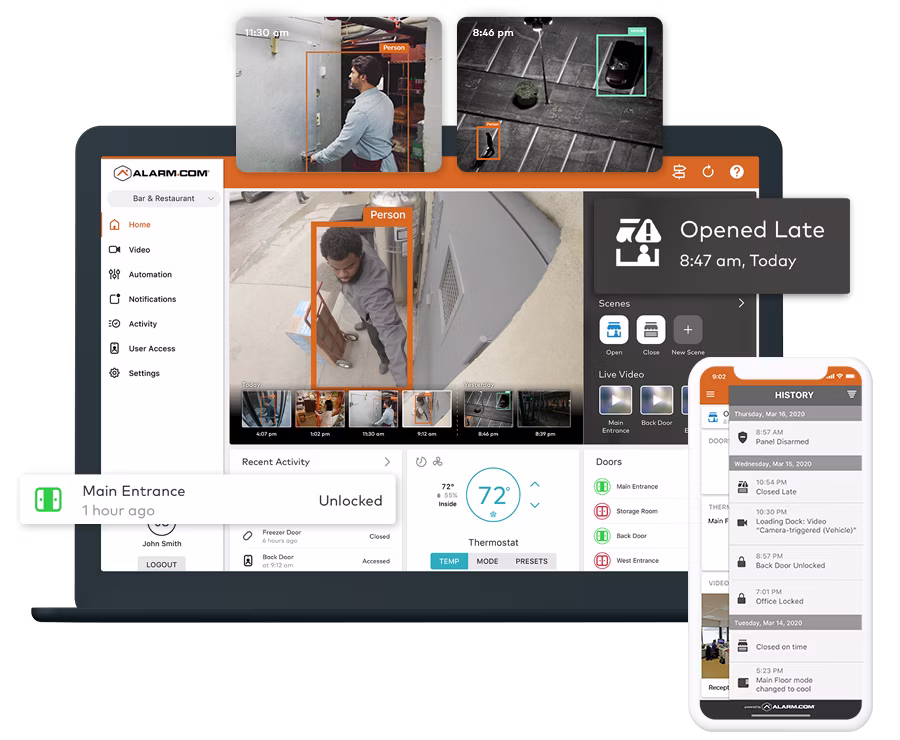 Alarm.com for Business dashboard on a laptop and phone